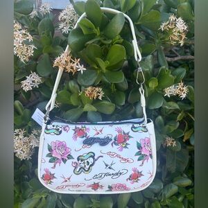 Ed Hardy Tattoo Print Mini Shoulder Bag White Skull Pink Roses NWT